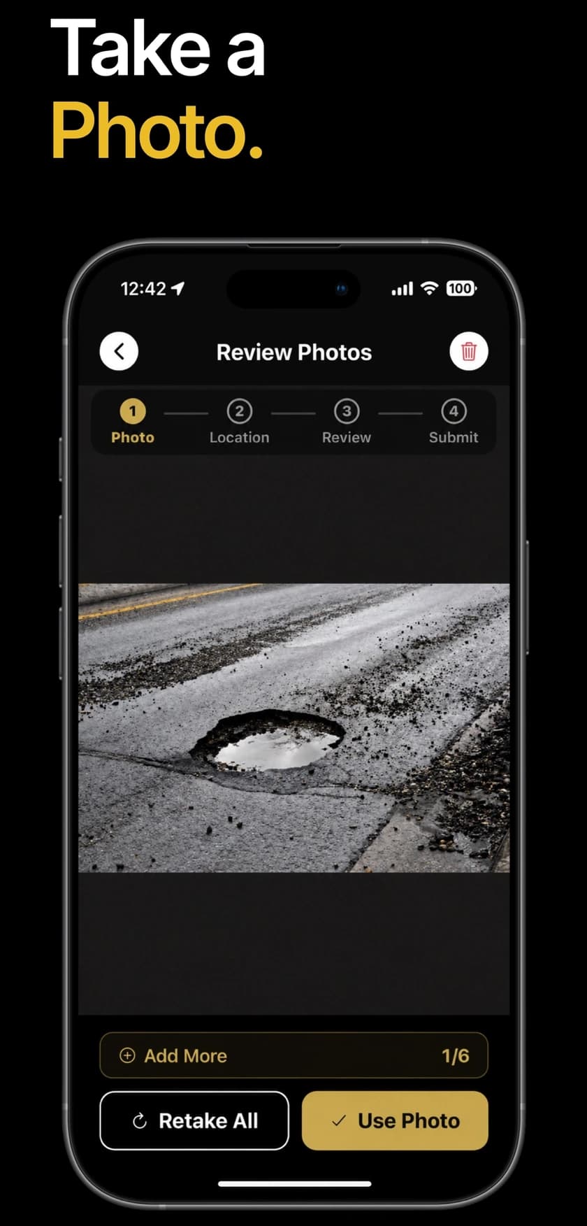 Take a Photo. EAiSER on iPhone, reviewing a photo of a pothole before sending it.