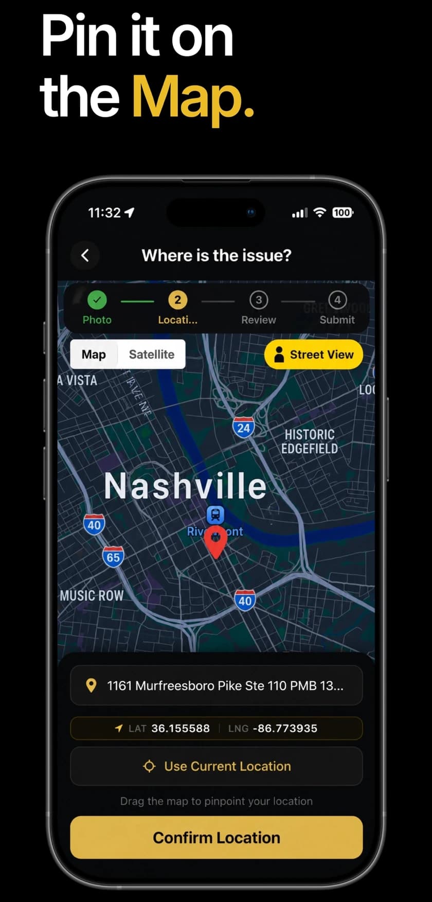 Pin it on the Map. EAiSER on iPhone, confirming where the issue is on a map.