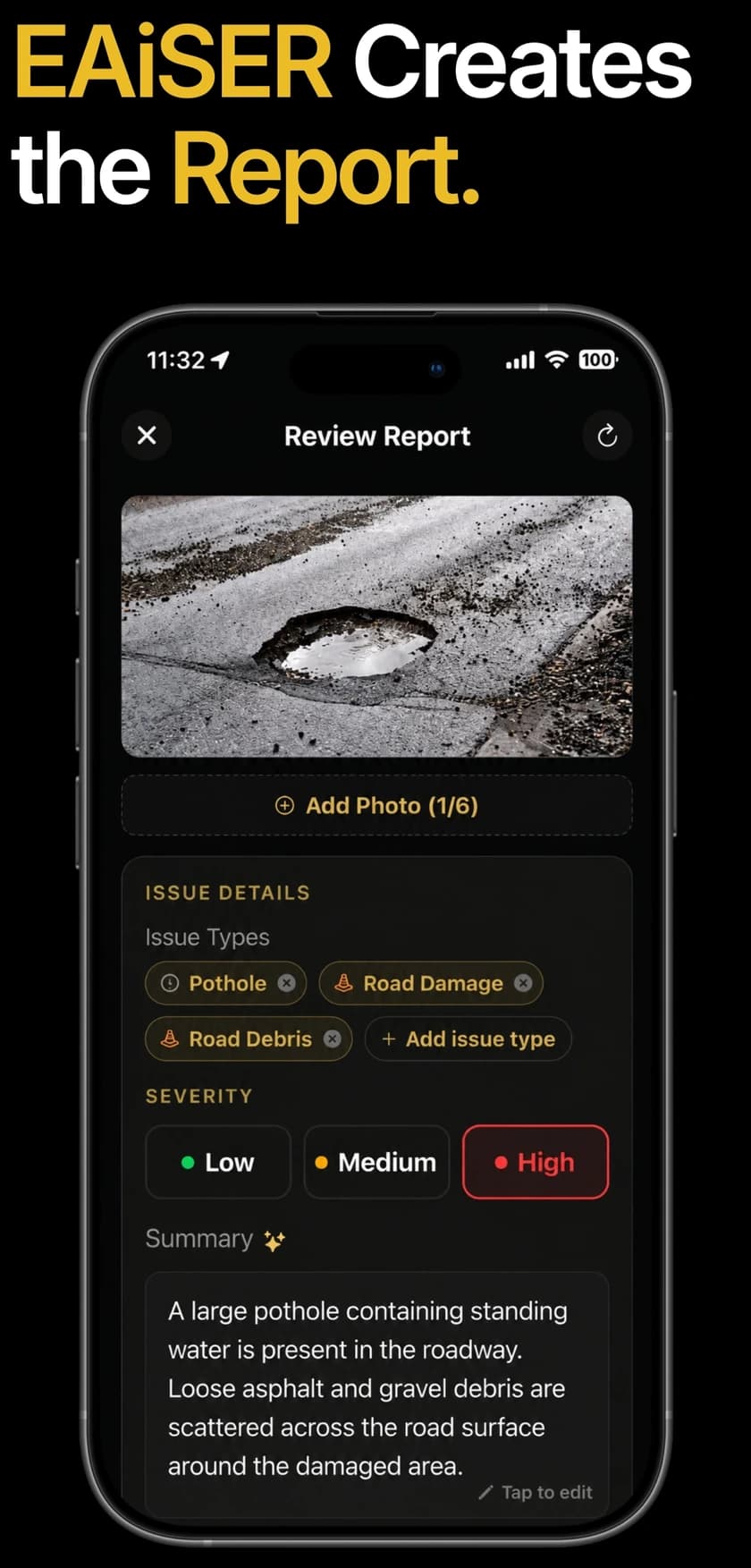 EAiSER Creates the Report. EAiSER on iPhone, showing the report it wrote, with issue types, severity and a summary.